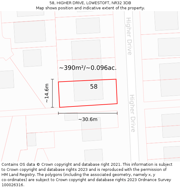 58, HIGHER DRIVE, LOWESTOFT, NR32 3DB: Plot and title map