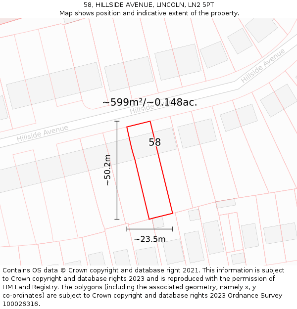 58, HILLSIDE AVENUE, LINCOLN, LN2 5PT: Plot and title map