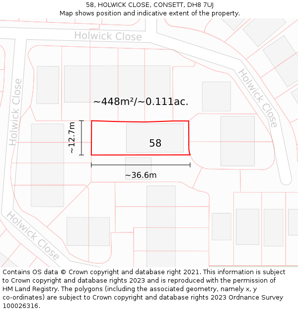 58, HOLWICK CLOSE, CONSETT, DH8 7UJ: Plot and title map