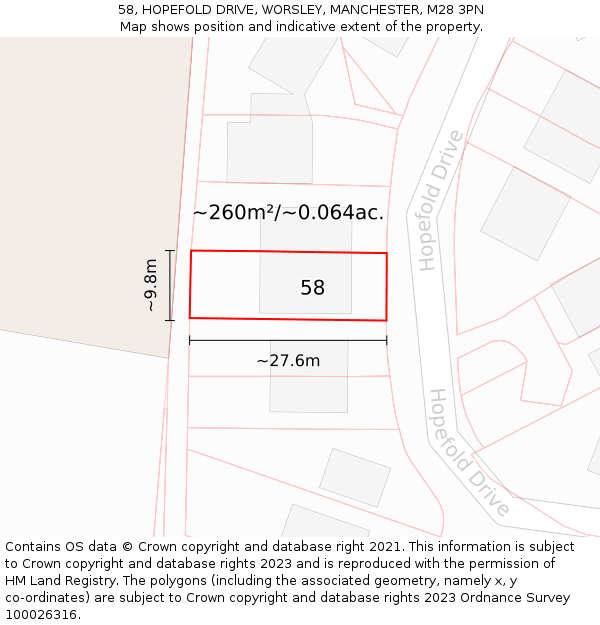 58, HOPEFOLD DRIVE, WORSLEY, MANCHESTER, M28 3PN: Plot and title map