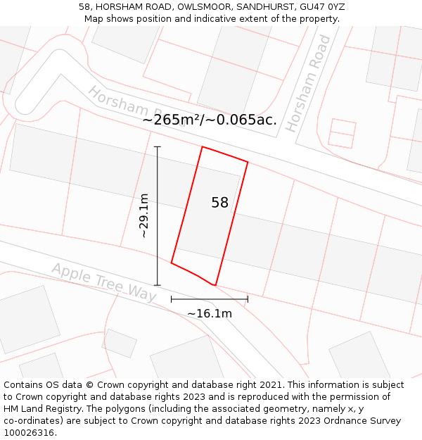 58, HORSHAM ROAD, OWLSMOOR, SANDHURST, GU47 0YZ: Plot and title map