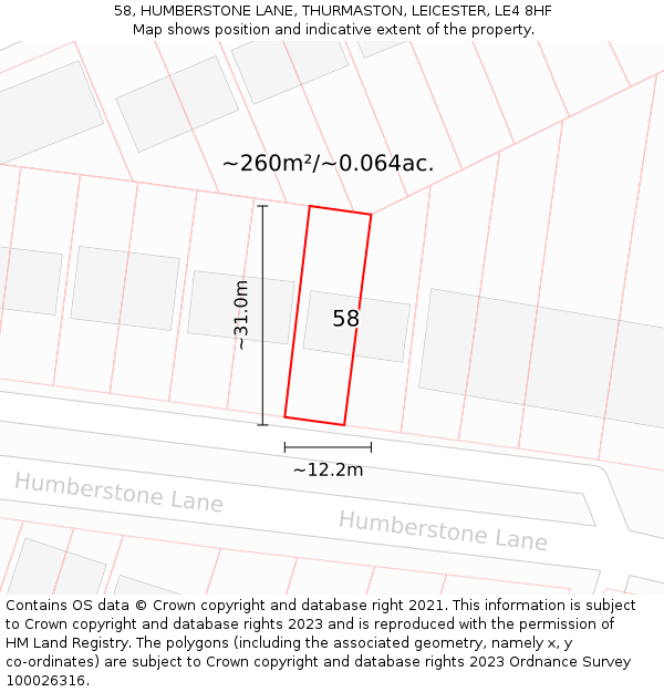 58, HUMBERSTONE LANE, THURMASTON, LEICESTER, LE4 8HF: Plot and title map