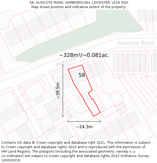 58, HUNCOTE ROAD, NARBOROUGH, LEICESTER, LE19 3GN: Plot and title map