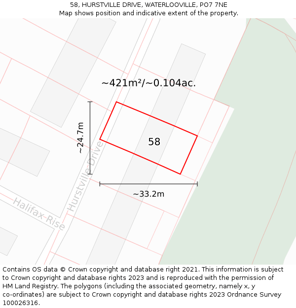 58, HURSTVILLE DRIVE, WATERLOOVILLE, PO7 7NE: Plot and title map