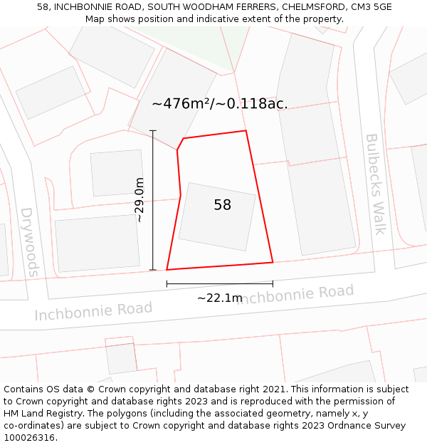 58, INCHBONNIE ROAD, SOUTH WOODHAM FERRERS, CHELMSFORD, CM3 5GE: Plot and title map