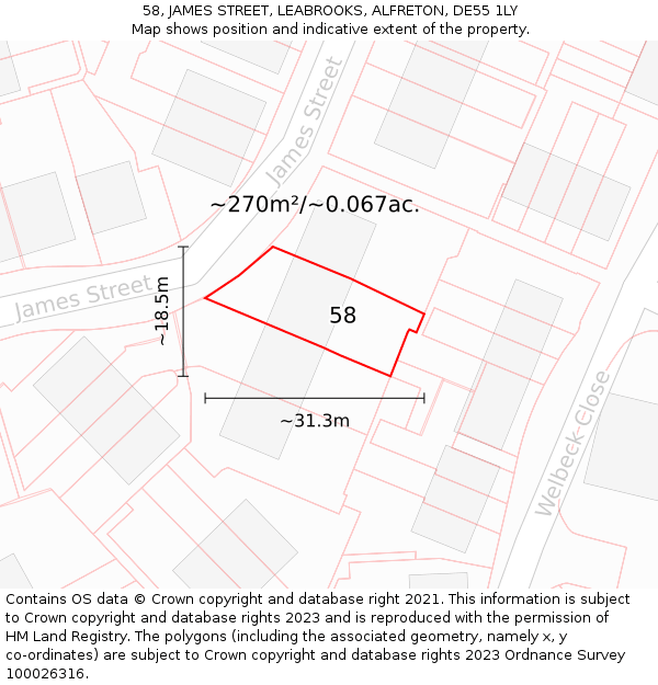 58, JAMES STREET, LEABROOKS, ALFRETON, DE55 1LY: Plot and title map