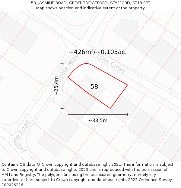 58, JASMINE ROAD, GREAT BRIDGEFORD, STAFFORD, ST18 9PT: Plot and title map