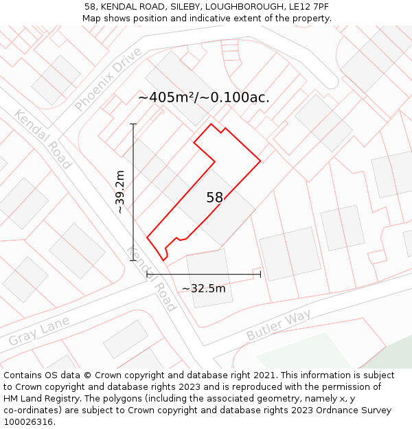 58, KENDAL ROAD, SILEBY, LOUGHBOROUGH, LE12 7PF: Plot and title map