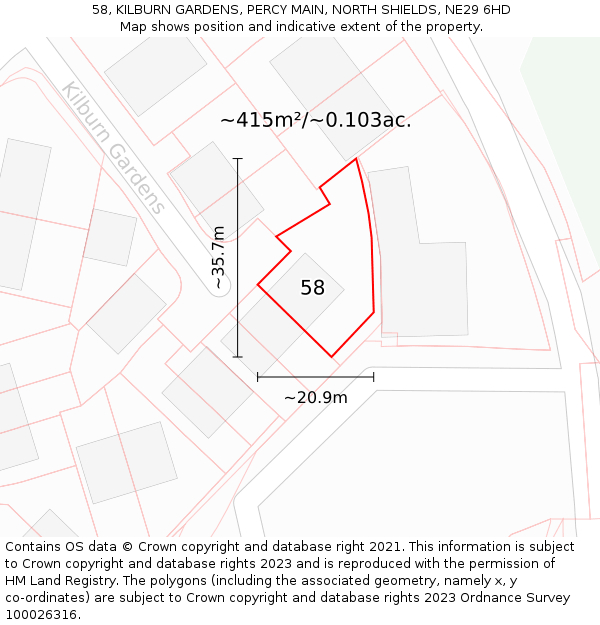 58, KILBURN GARDENS, PERCY MAIN, NORTH SHIELDS, NE29 6HD: Plot and title map