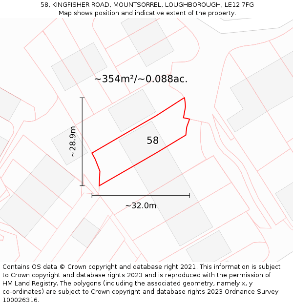 58, KINGFISHER ROAD, MOUNTSORREL, LOUGHBOROUGH, LE12 7FG: Plot and title map