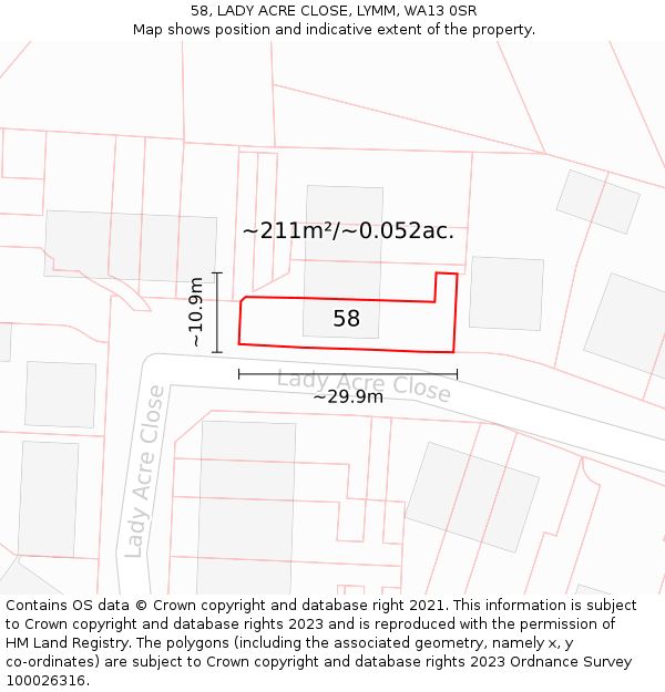 58, LADY ACRE CLOSE, LYMM, WA13 0SR: Plot and title map