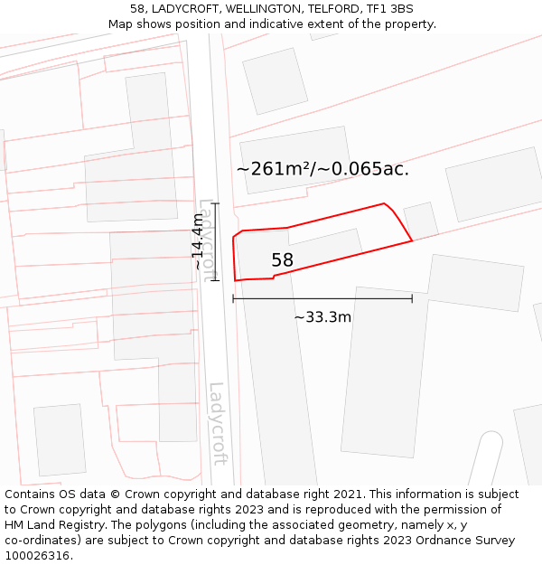 58, LADYCROFT, WELLINGTON, TELFORD, TF1 3BS: Plot and title map