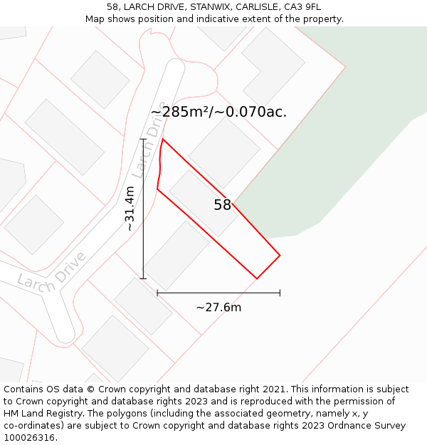 58, LARCH DRIVE, STANWIX, CARLISLE, CA3 9FL: Plot and title map