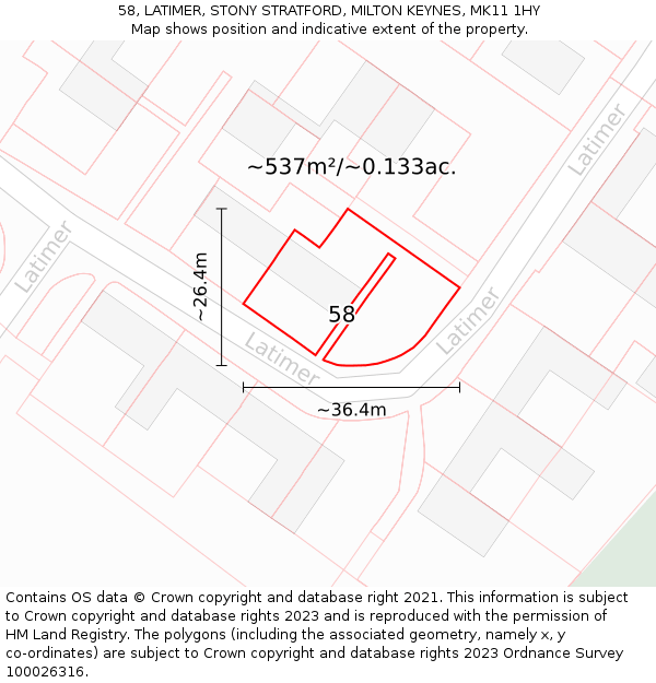 58, LATIMER, STONY STRATFORD, MILTON KEYNES, MK11 1HY: Plot and title map