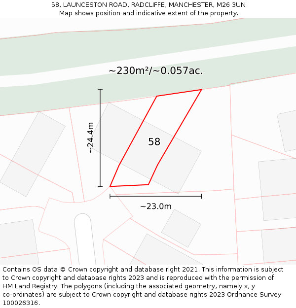 58, LAUNCESTON ROAD, RADCLIFFE, MANCHESTER, M26 3UN: Plot and title map