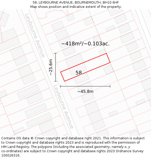 58, LEYBOURNE AVENUE, BOURNEMOUTH, BH10 6HF: Plot and title map