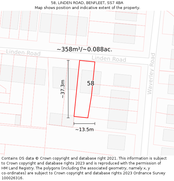 58, LINDEN ROAD, BENFLEET, SS7 4BA: Plot and title map