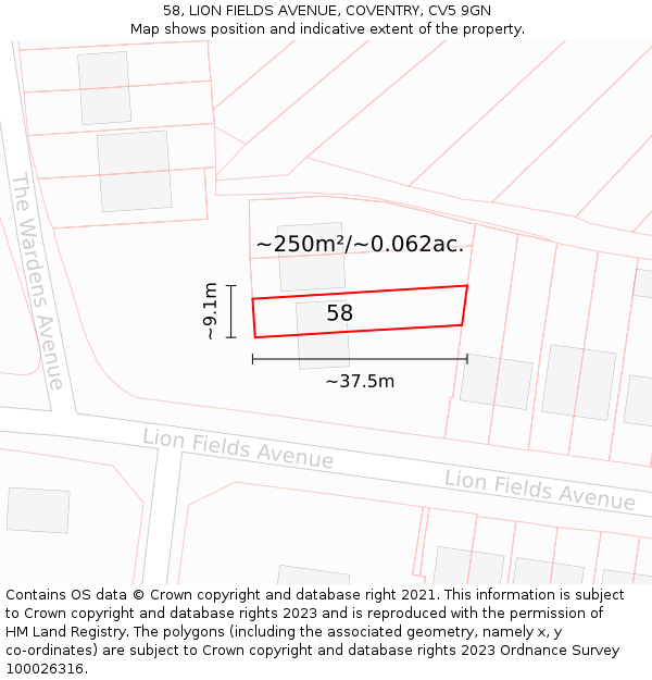 58, LION FIELDS AVENUE, COVENTRY, CV5 9GN: Plot and title map