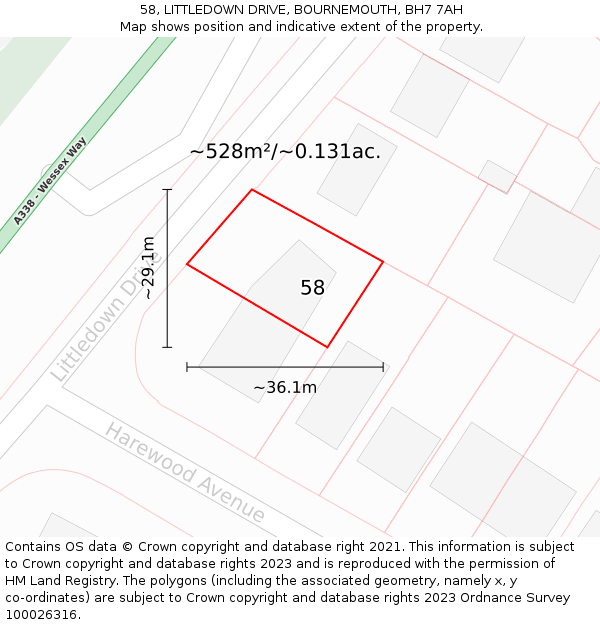 58, LITTLEDOWN DRIVE, BOURNEMOUTH, BH7 7AH: Plot and title map