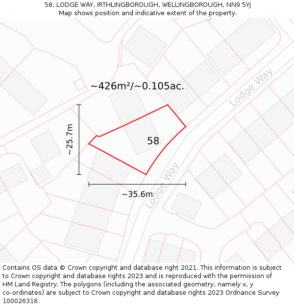 58, LODGE WAY, IRTHLINGBOROUGH, WELLINGBOROUGH, NN9 5YJ: Plot and title map