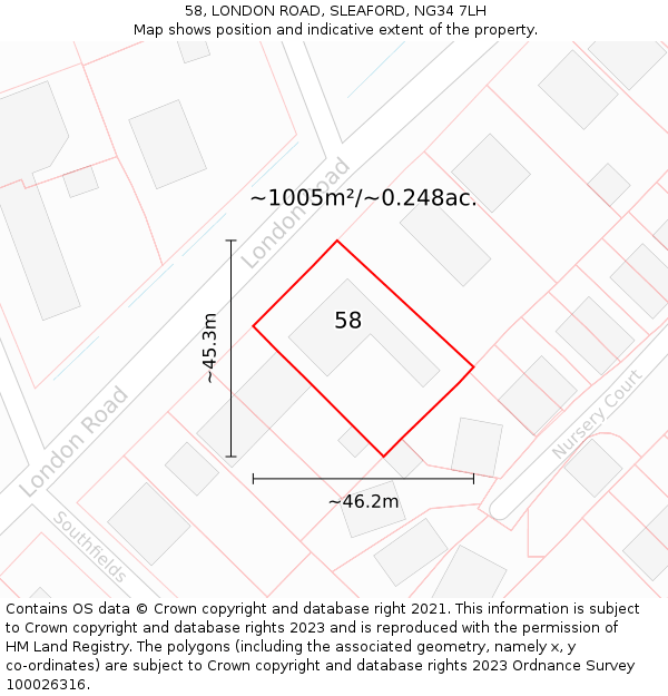 58, LONDON ROAD, SLEAFORD, NG34 7LH: Plot and title map