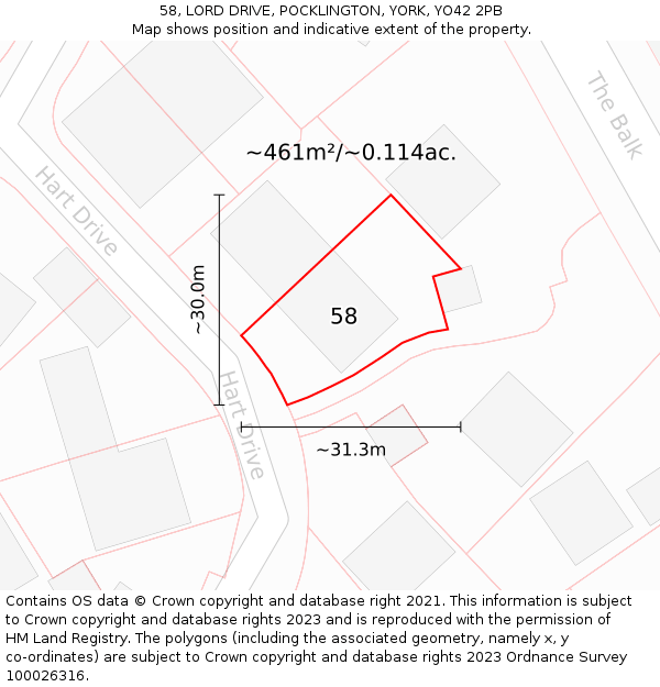 58, LORD DRIVE, POCKLINGTON, YORK, YO42 2PB: Plot and title map