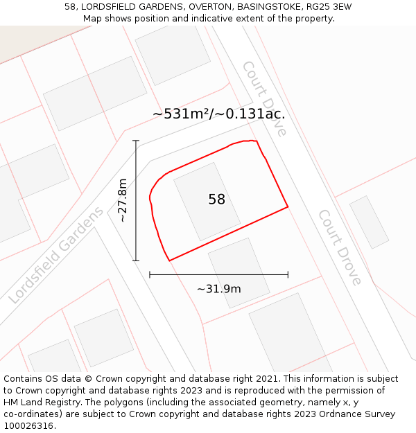 58, LORDSFIELD GARDENS, OVERTON, BASINGSTOKE, RG25 3EW: Plot and title map