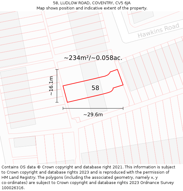 58, LUDLOW ROAD, COVENTRY, CV5 6JA: Plot and title map