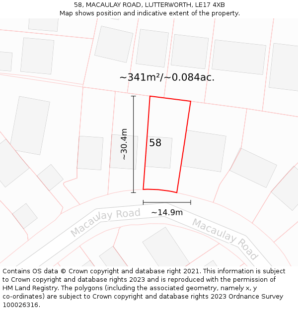 58, MACAULAY ROAD, LUTTERWORTH, LE17 4XB: Plot and title map