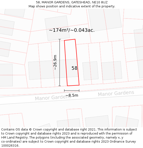 58, MANOR GARDENS, GATESHEAD, NE10 8UZ: Plot and title map