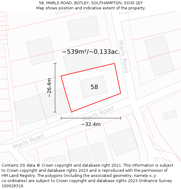 58, MARLS ROAD, BOTLEY, SOUTHAMPTON, SO30 2EY: Plot and title map