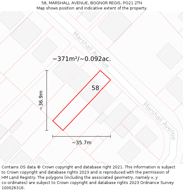 58, MARSHALL AVENUE, BOGNOR REGIS, PO21 2TN: Plot and title map