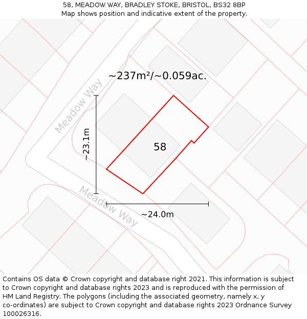 58, MEADOW WAY, BRADLEY STOKE, BRISTOL, BS32 8BP: Plot and title map