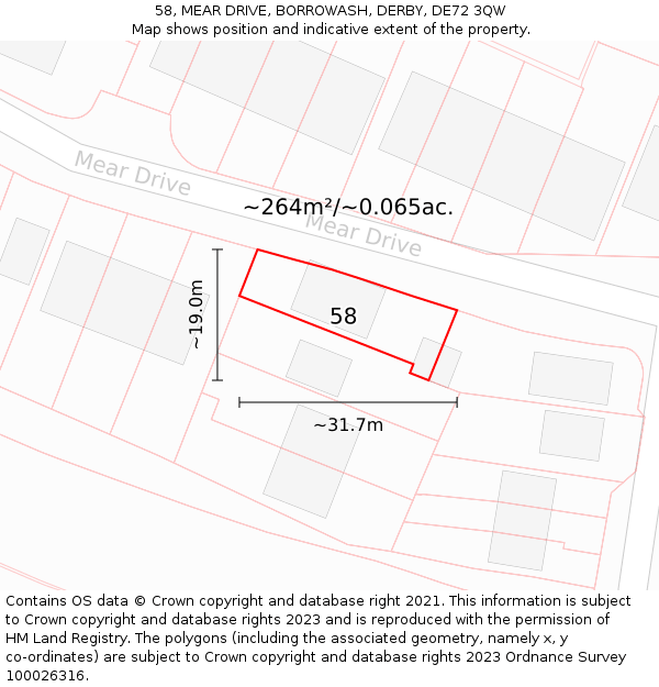 58, MEAR DRIVE, BORROWASH, DERBY, DE72 3QW: Plot and title map