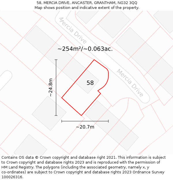 58, MERCIA DRIVE, ANCASTER, GRANTHAM, NG32 3QQ: Plot and title map