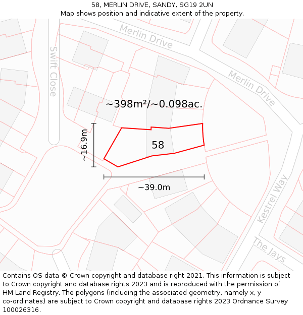 58, MERLIN DRIVE, SANDY, SG19 2UN: Plot and title map