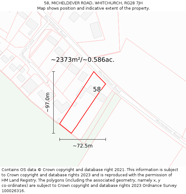 58, MICHELDEVER ROAD, WHITCHURCH, RG28 7JH: Plot and title map