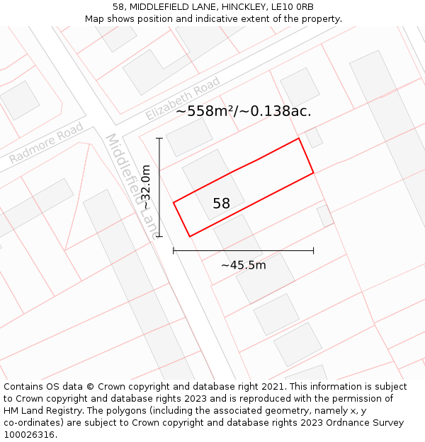 58, MIDDLEFIELD LANE, HINCKLEY, LE10 0RB: Plot and title map