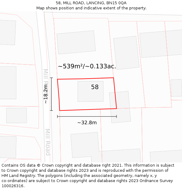 58, MILL ROAD, LANCING, BN15 0QA: Plot and title map