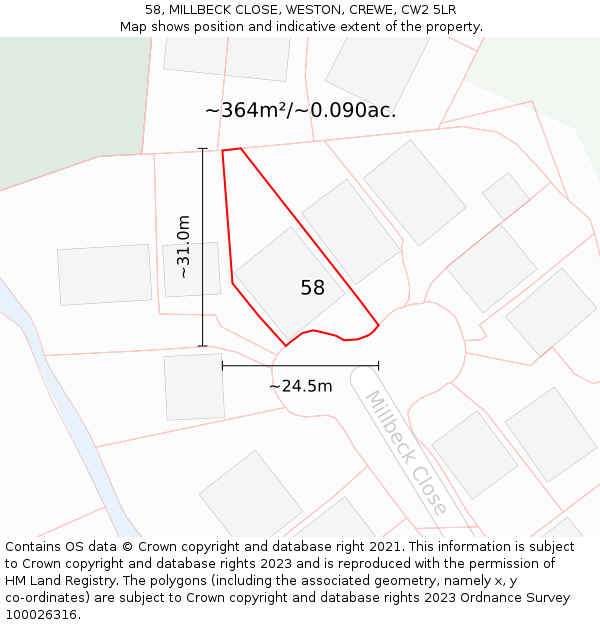 58, MILLBECK CLOSE, WESTON, CREWE, CW2 5LR: Plot and title map