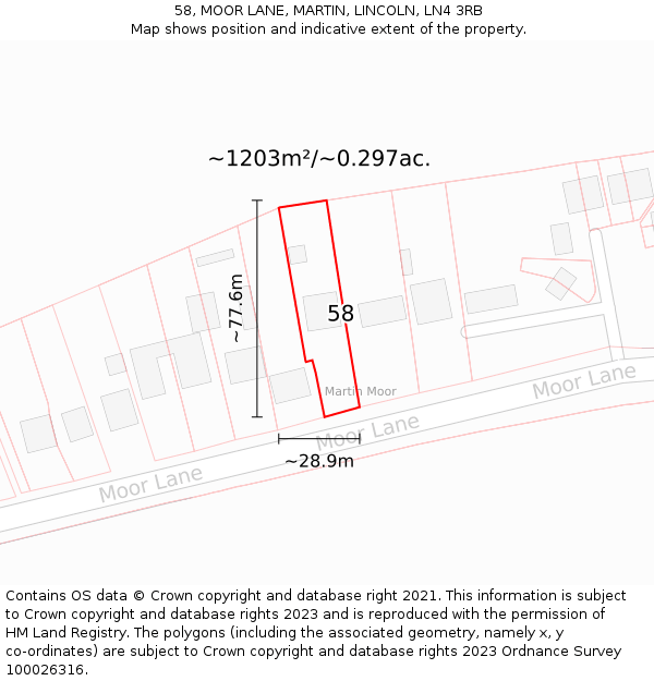 58, MOOR LANE, MARTIN, LINCOLN, LN4 3RB: Plot and title map