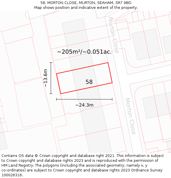 58, MORTON CLOSE, MURTON, SEAHAM, SR7 9BD: Plot and title map