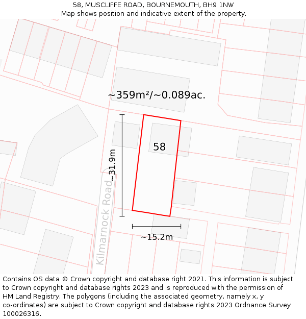 58, MUSCLIFFE ROAD, BOURNEMOUTH, BH9 1NW: Plot and title map