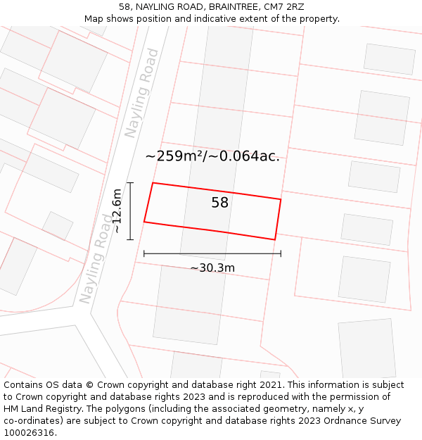 58, NAYLING ROAD, BRAINTREE, CM7 2RZ: Plot and title map