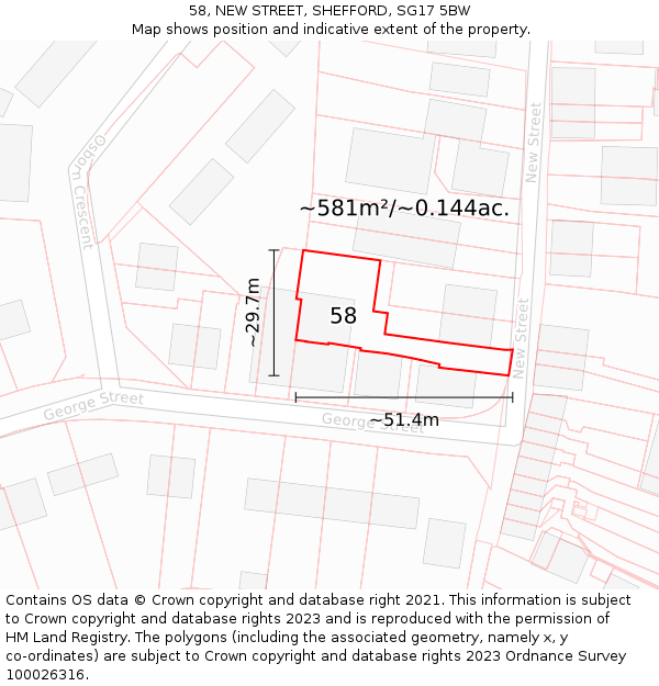 58, NEW STREET, SHEFFORD, SG17 5BW: Plot and title map