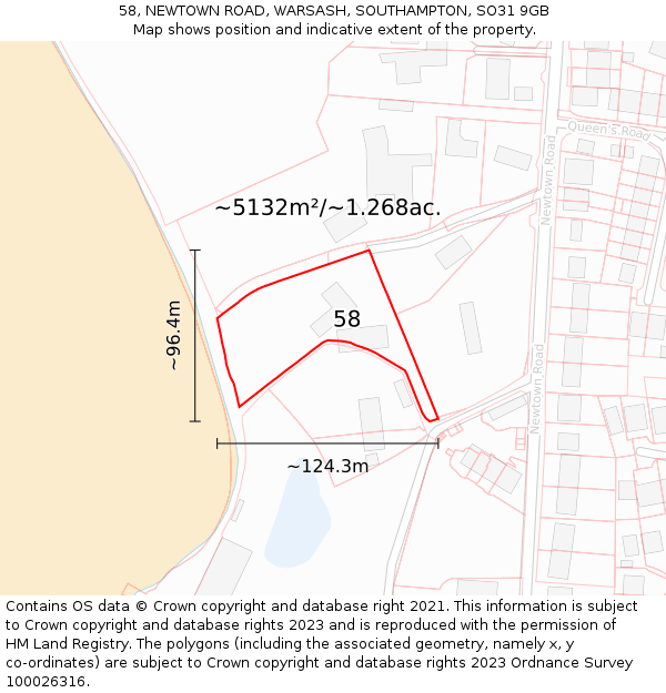 58, NEWTOWN ROAD, WARSASH, SOUTHAMPTON, SO31 9GB: Plot and title map