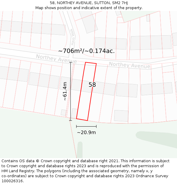 58, NORTHEY AVENUE, SUTTON, SM2 7HJ: Plot and title map