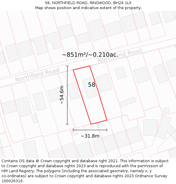 58, NORTHFIELD ROAD, RINGWOOD, BH24 1LX: Plot and title map