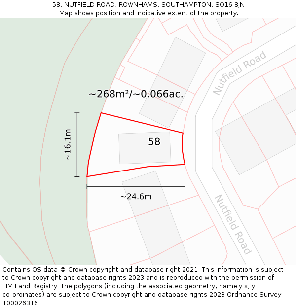 58, NUTFIELD ROAD, ROWNHAMS, SOUTHAMPTON, SO16 8JN: Plot and title map