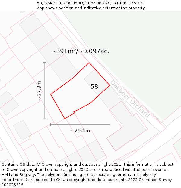 58, OAKBEER ORCHARD, CRANBROOK, EXETER, EX5 7BL: Plot and title map